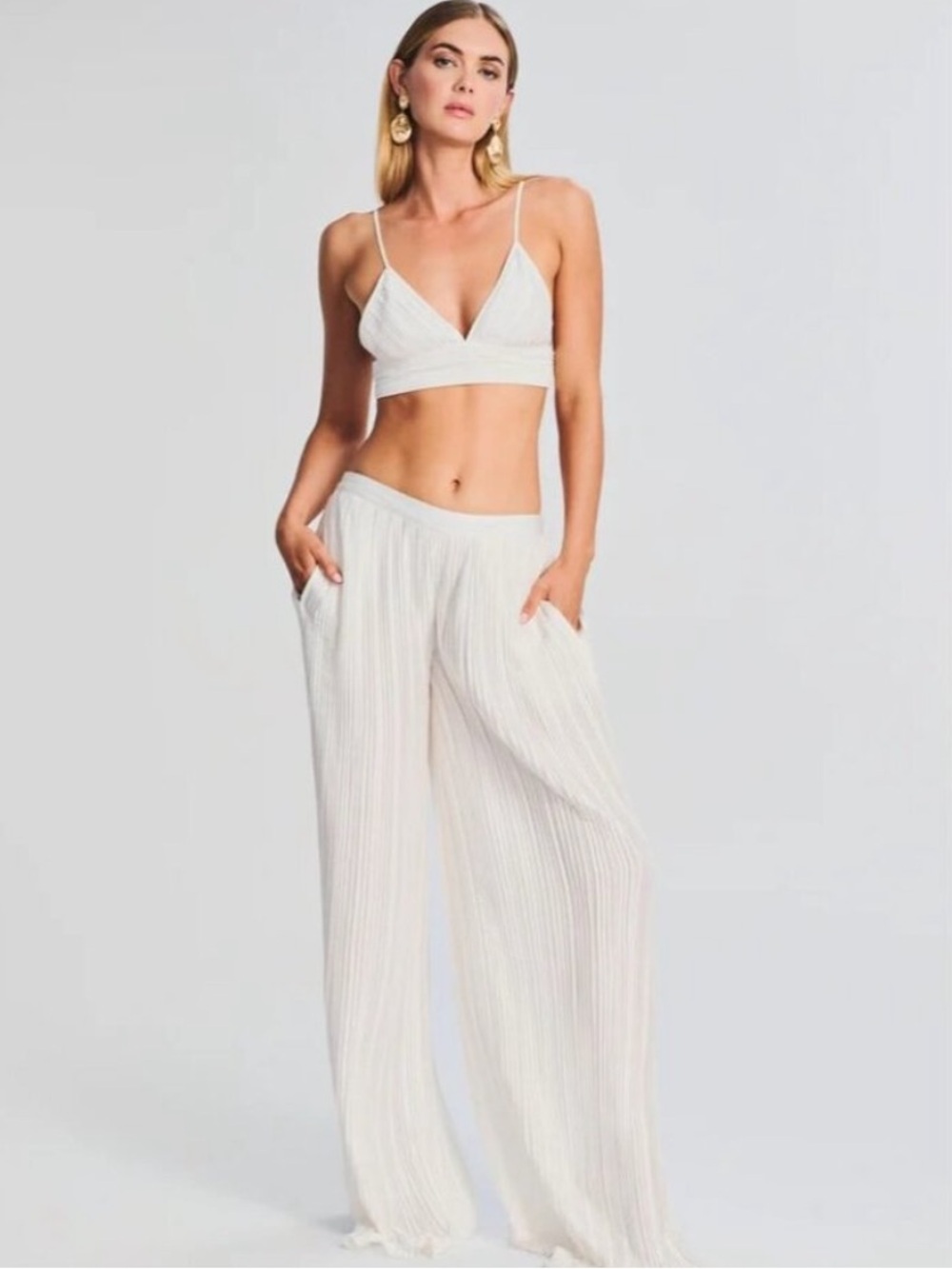 Rococo Sand Bree Flowy Pleated Wide Leg Pants in White Sz S